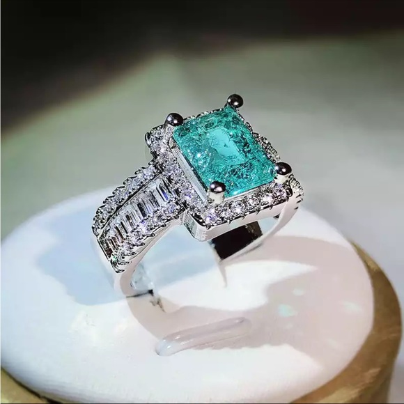 Jewelry - 925 Silver Cotton Wool Imitation Natural Paraiba Full Diamond Party Ring